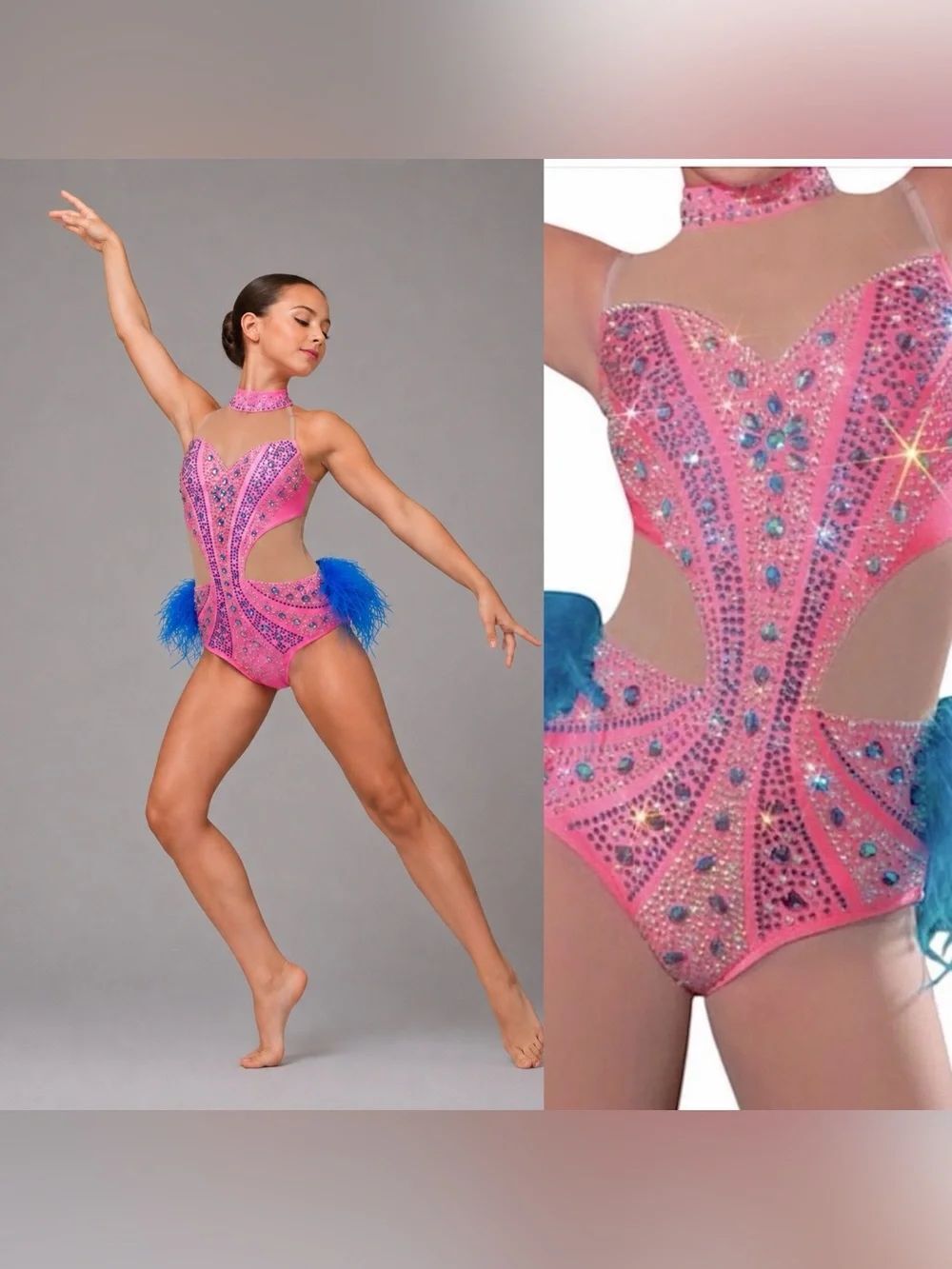 Glamour solo dance costume pink blue Feather sassy jazz Broadway SA adult